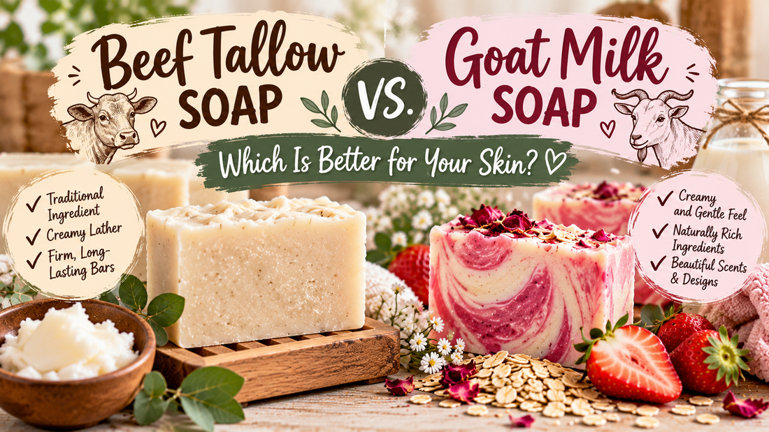 Beef tallow soap vs. goat milk soap comparison featuring creamy unscented beef tallow soap and pink strawberries and cream goat milk soap from Tina's Tiny Things, highlighting differences in ingredients, lather, and skincare benefits.