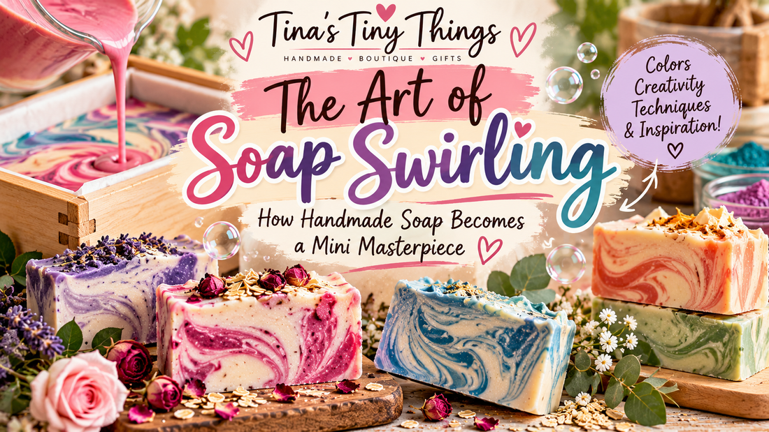 Colorful handmade artisan soap bars featuring pink, purple, blue, orange, and green swirl designs, showcasing the art of soap swirling, creative soap-making techniques, and decorative cold-process soap at Tina's Tiny Things.