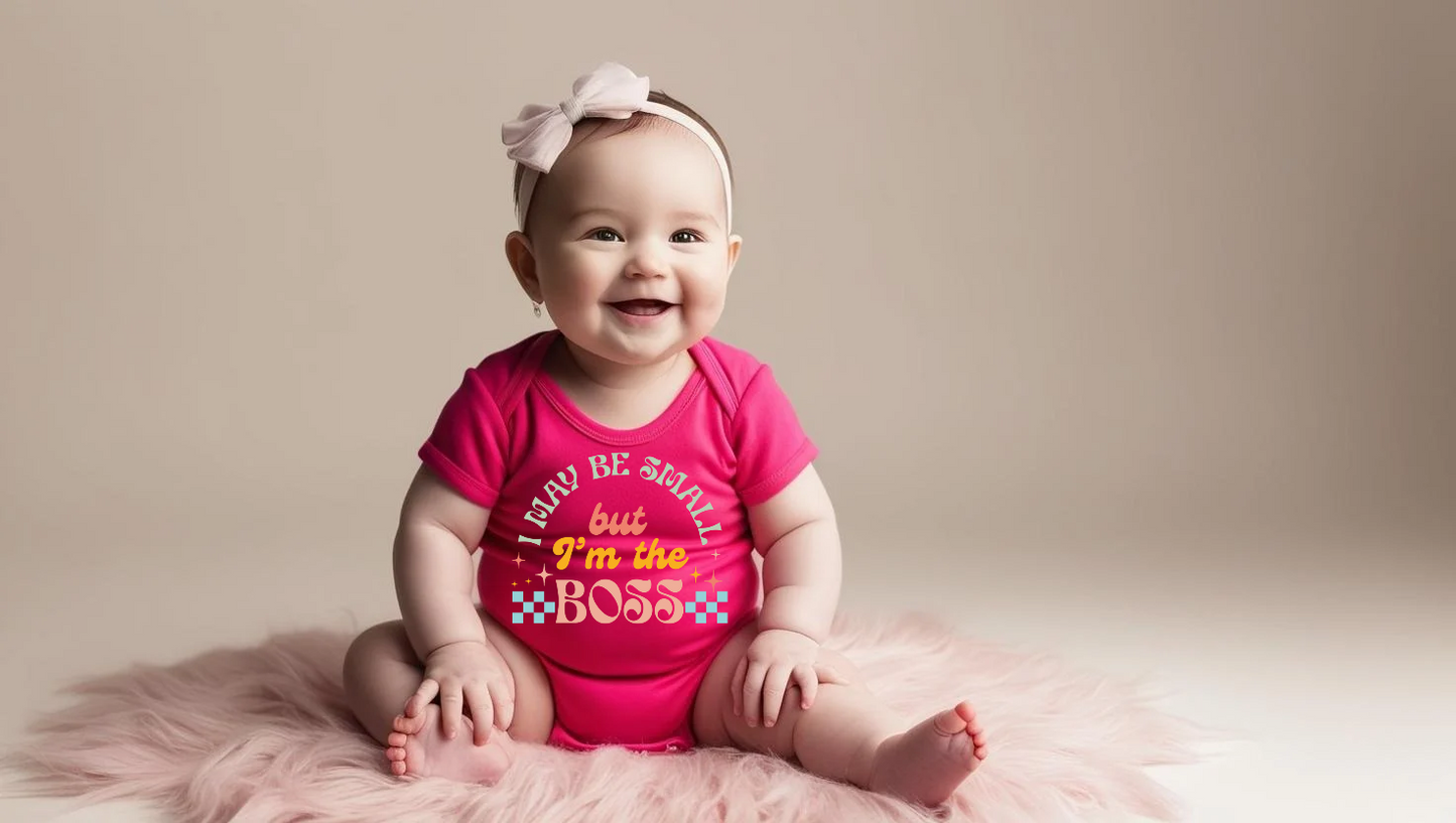 "I May Be Small But I’m the Boss" Baby Onesie – White with Colorful Retro Print Custom