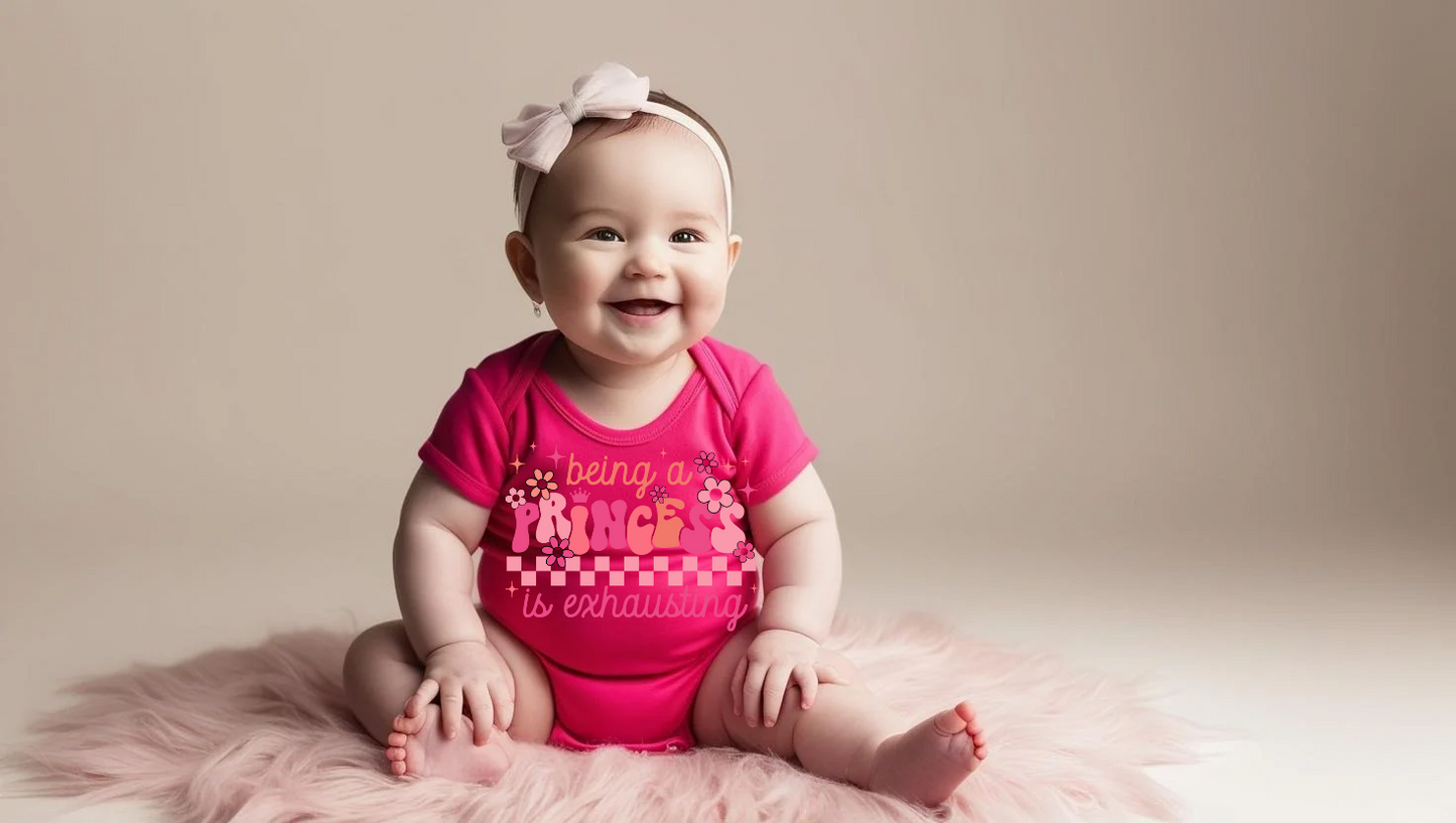 "Being a Princess is Exhausting" Baby Onesie – White with Pink Print Custom