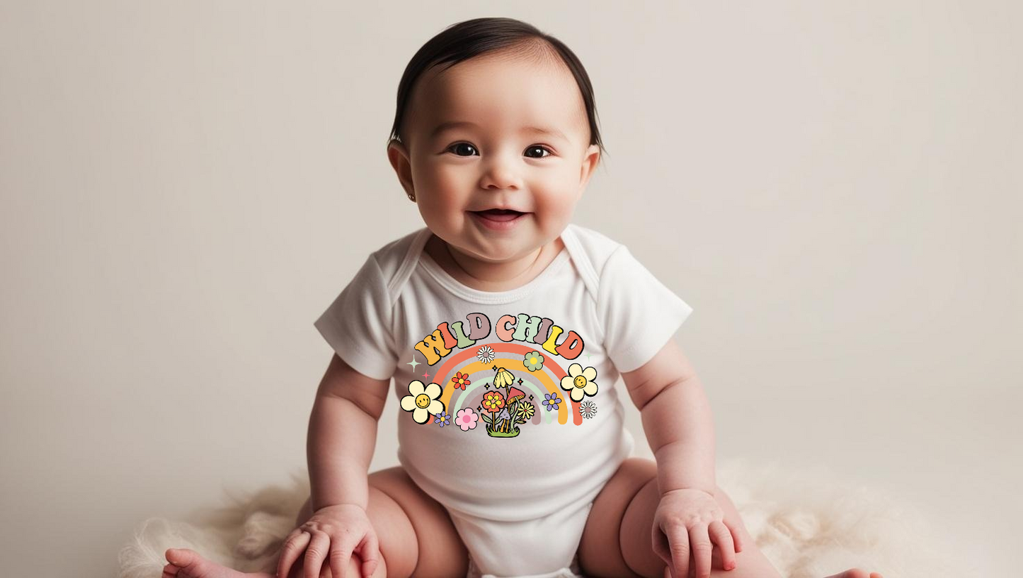 "Wild Child" Baby Onesie – Boho Rainbow Floral Print (0–12 Months) Custom