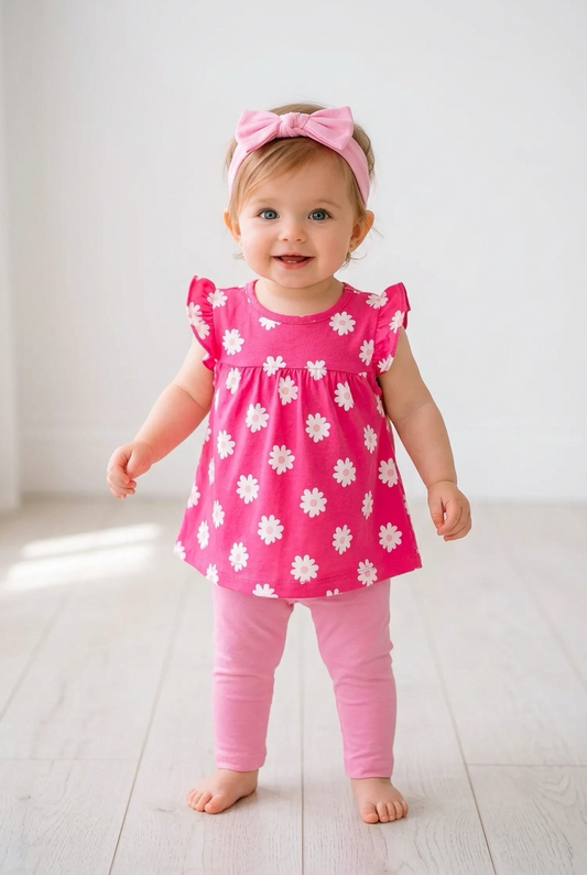 Pink Daisy Bow 3-Piece Baby Girl Outfit Set