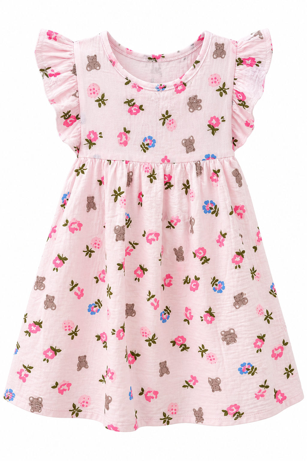 Pink Teddy Bear & Floral Flutter Sleeve Girls Dress
