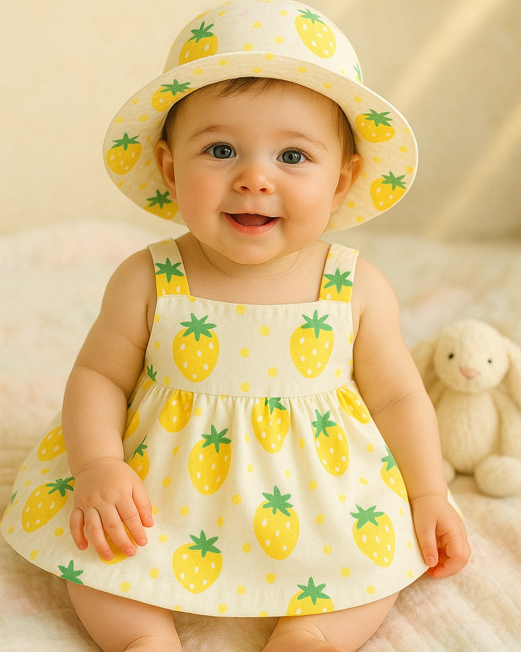 Sunshine Strawberry Baby Dress & Hat Set