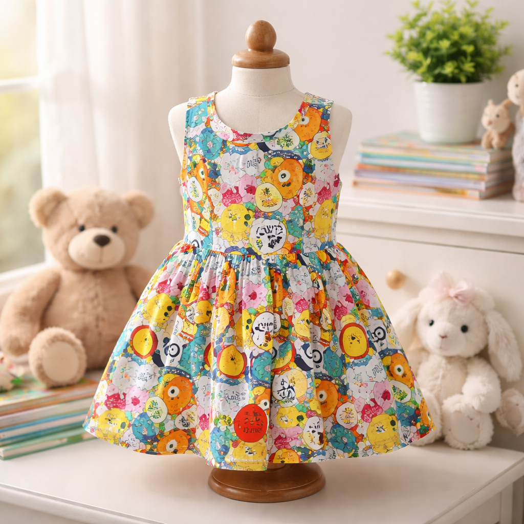 Happy Vibes Bear Parade Dress – Cartoon Animal Print (Sizes 3T–5T)
