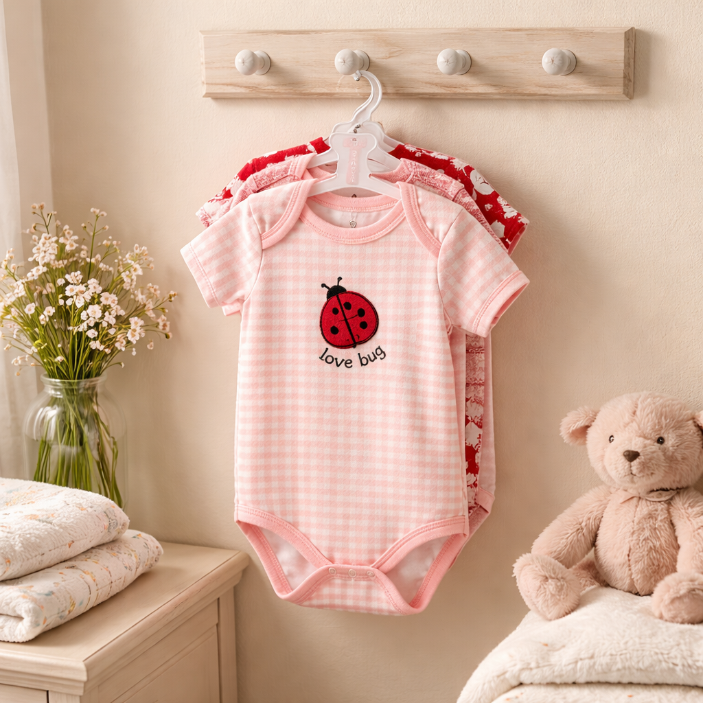 "Love Bug" Baby Girl 3-Pack Bodysuits – Pink Gingham & Floral