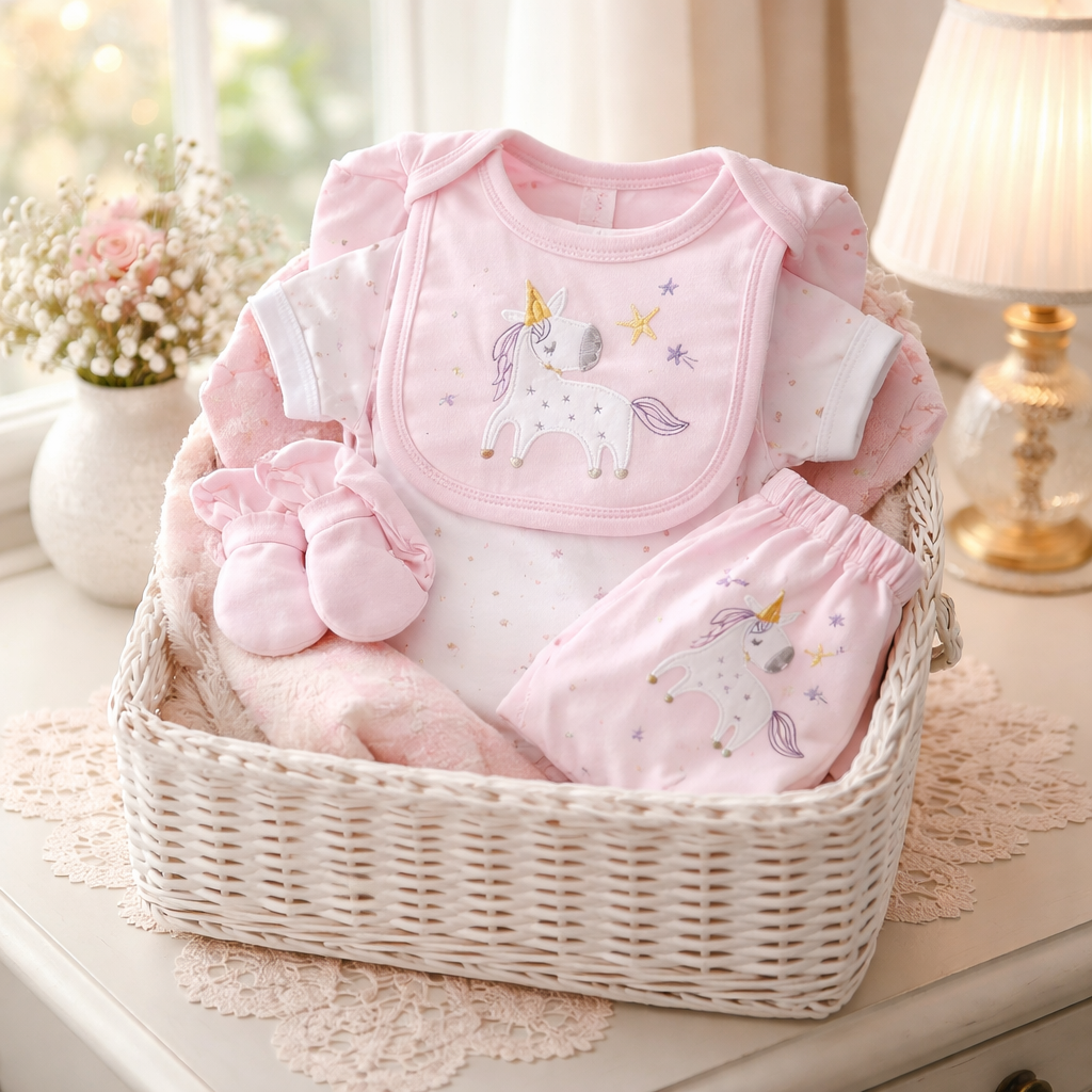 Unicorn Star 5-Piece Baby Girl Set – Pink Unicorn Outfit with Onesie, Bib, Hat, Mittens & Footed Pants (0–9 Months)
