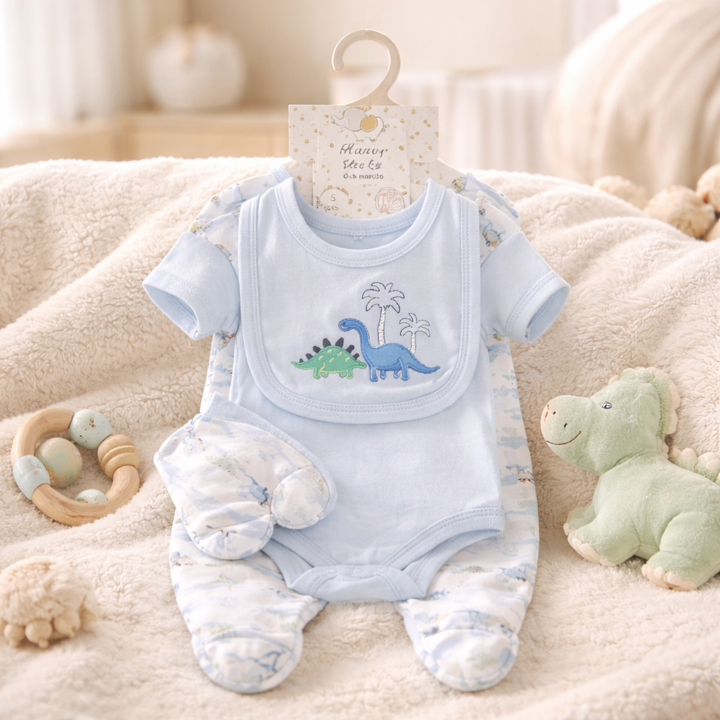 Dino Adventure 5-Piece Baby Set – Blue Dinosaur Outfit with Onesie, Bib, Hat, Mittens & Footed Pants (0–3 Months)