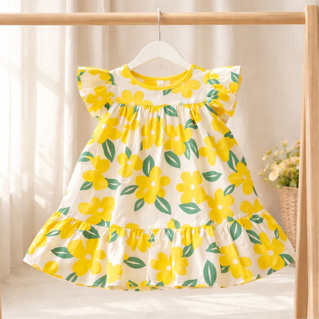 Yellow floral dress hanging on a wooden rack with a light background