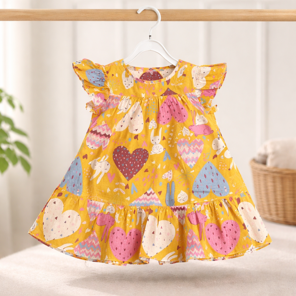 Yellow children's dress with heart and animal pattern on a hanger against a neutral background