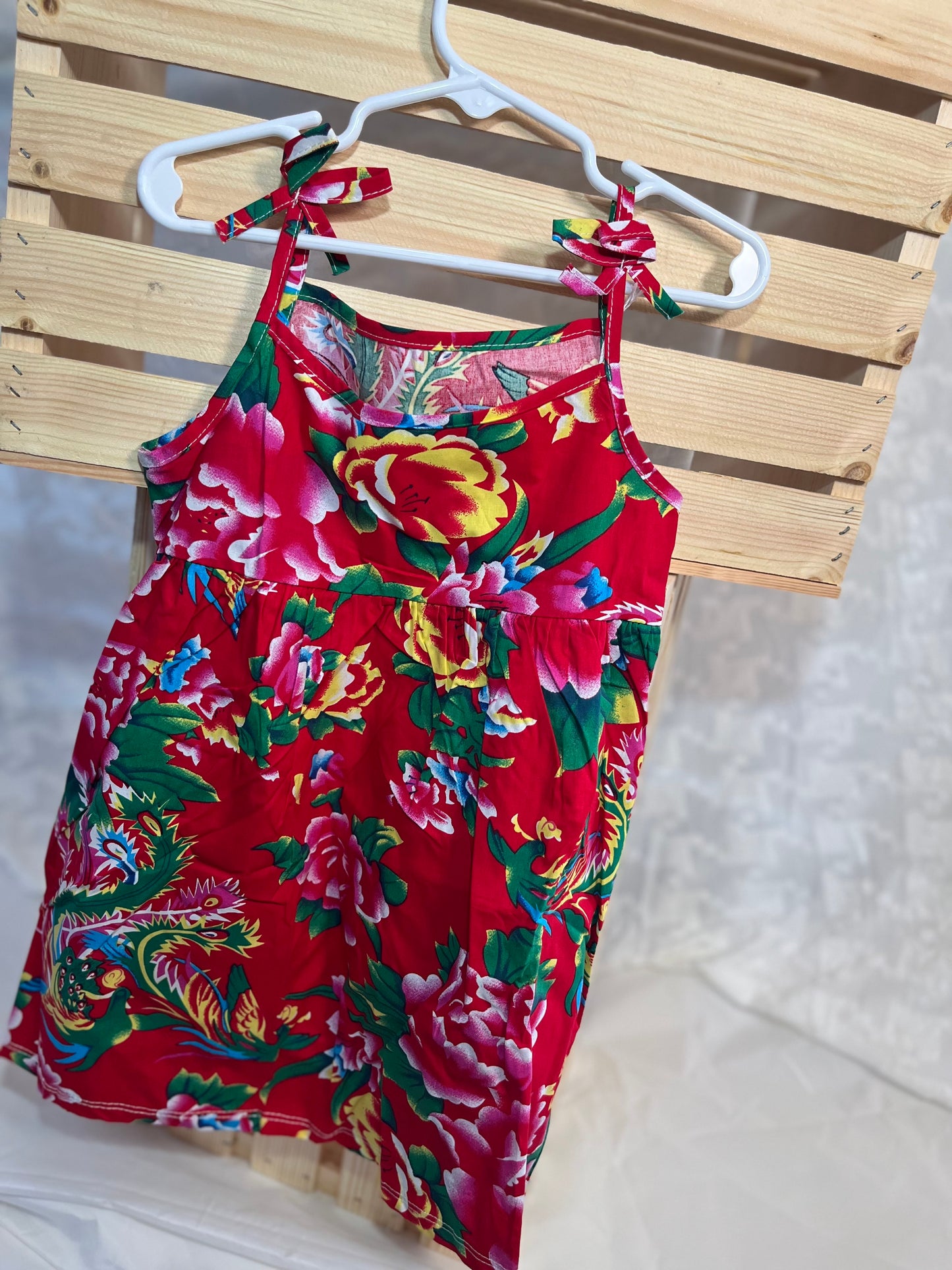 Crimson Dragon Bloom Tie-Shoulder Dress – Toddler & Little Girls Summer Outfit