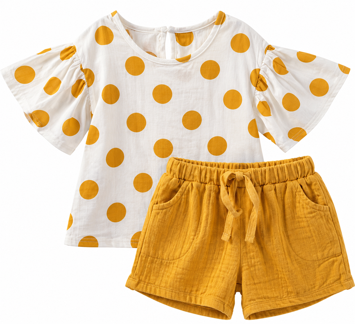 Girls' mustard yellow polka dot two-piece shorts set featuring a white flutter-sleeve top with yellow dots and matching mustard shorts with an elastic waistband.