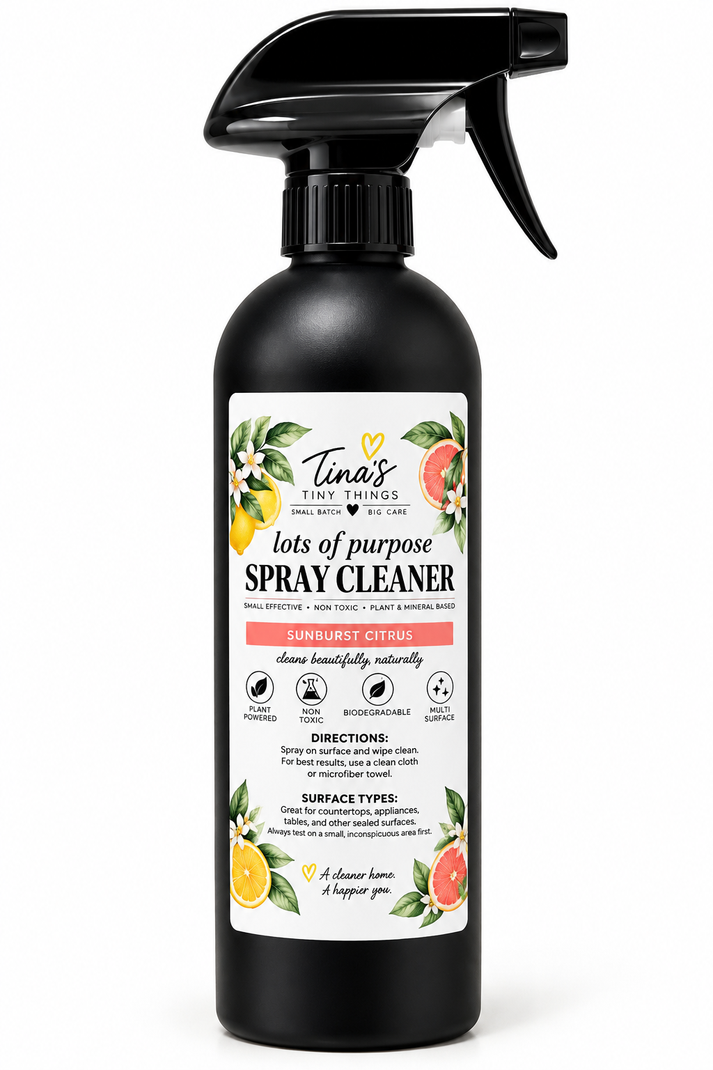 Tina's Tiny Things Sunburst Citrus All-Purpose Spray Cleaner in a matte black trigger spray bottle with a white botanical label featuring lemons, grapefruit, and green leaves, displayed against a clean white background.