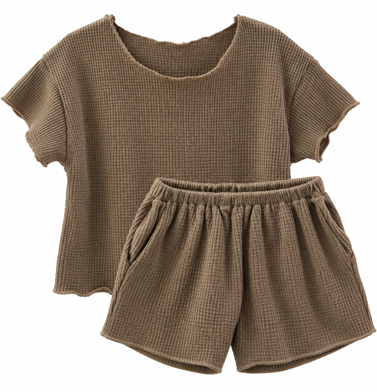 Girls' mocha brown waffle knit two-piece lounge set featuring a relaxed short-sleeve top and matching elastic-waist shorts from Tina's Tiny Things.