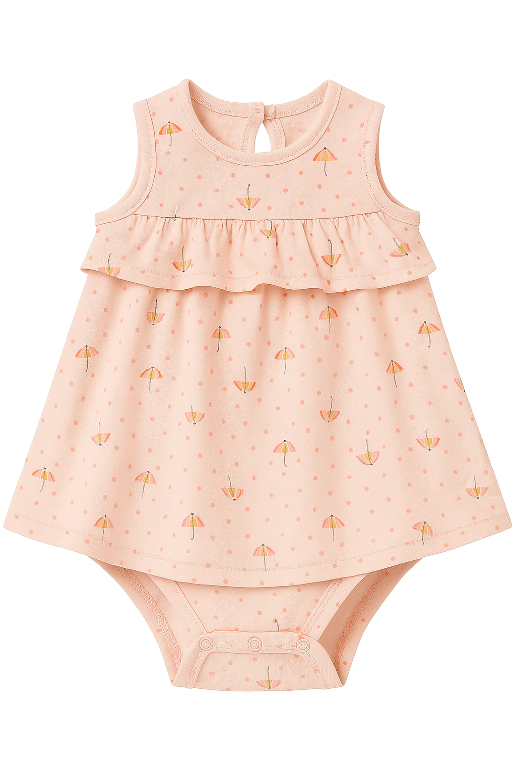 “Flower Cutie” Baby Girl Onesie Dress – Umbrella Print in Peach Pink (0–12 Months)