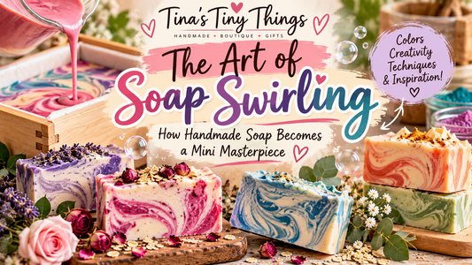 Colorful handmade artisan soap bars featuring pink, purple, blue, orange, and green swirl designs, showcasing the art of soap swirling, creative soap-making techniques, and decorative cold-process soap at Tina's Tiny Things.