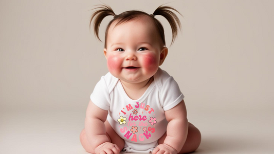 "I’m Just Here for the Snacks" Baby Onesie – White & Pink Floral Design Custom