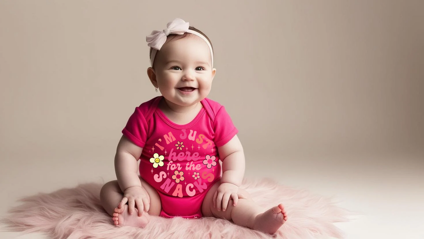 "I’m Just Here for the Snacks" Baby Onesie – White & Pink Floral Design Custom