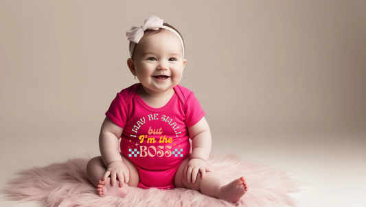 "I May Be Small But I’m the Boss" Baby Onesie – White with Colorful Retro Print Custom