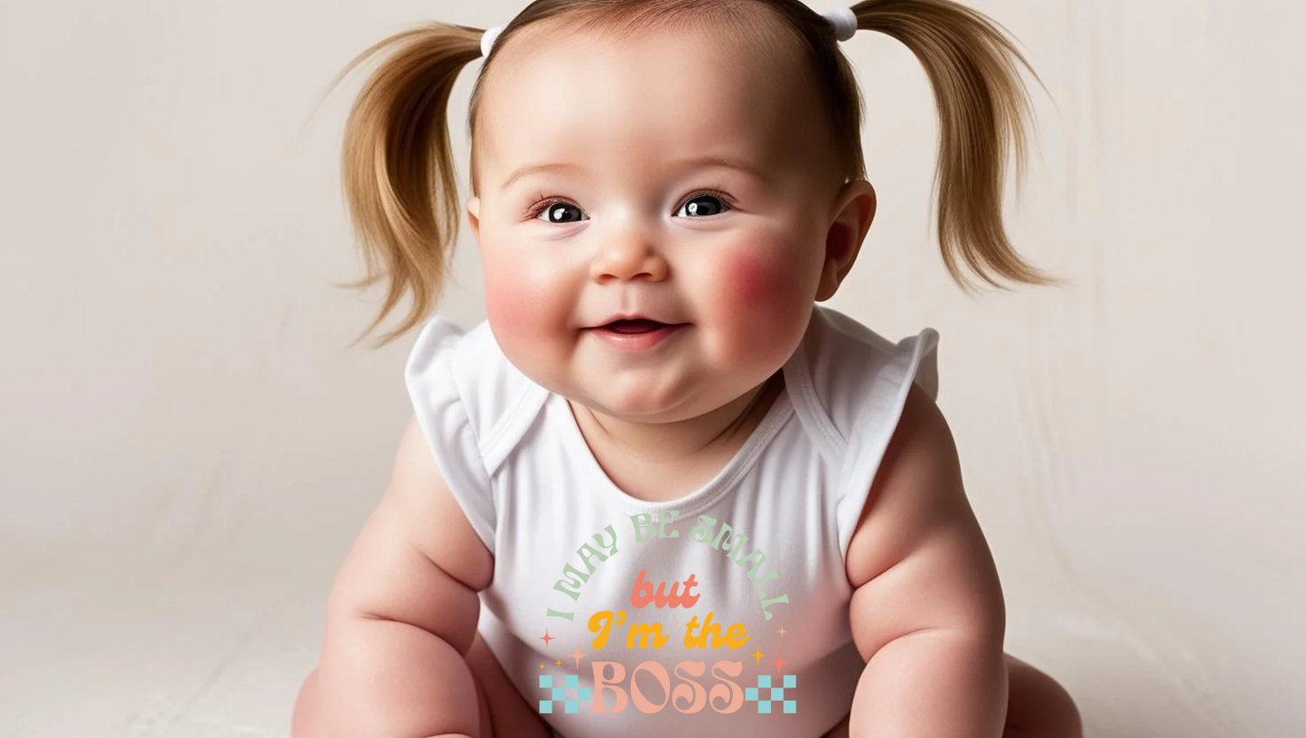 "I May Be Small But I’m the Boss" Baby Onesie – White with Colorful Retro Print Custom