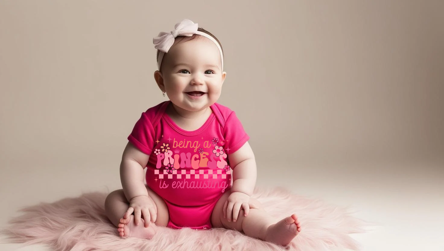"Being a Princess is Exhausting" Baby Onesie – White with Pink Print Custom