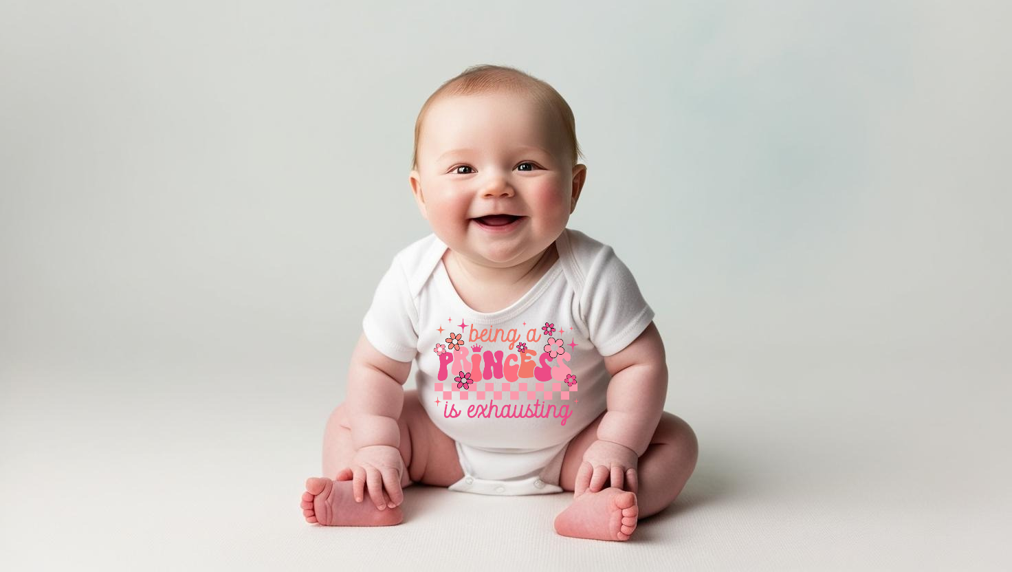 "Being a Princess is Exhausting" Baby Onesie – White with Pink Print Custom