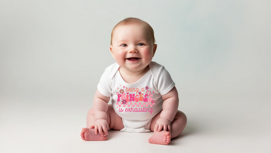 "Being a Princess is Exhausting" Baby Onesie – White with Pink Print Custom
