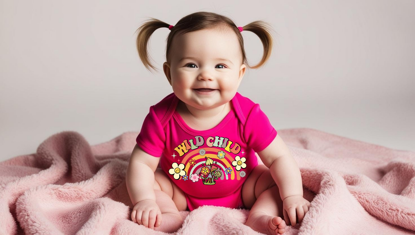 "Wild Child" Baby Onesie – Boho Rainbow Floral Print (0–12 Months) Custom