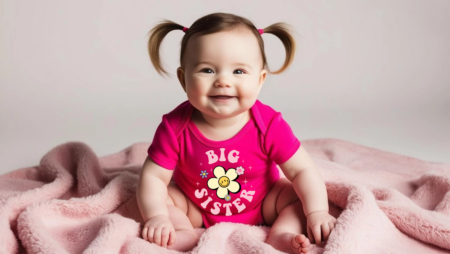 "Big Sister" Baby Onesie – Groovy Flower Power Design (0–12 Months) Custom