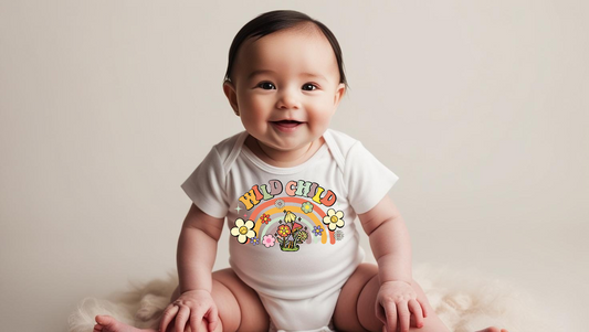 "Wild Child" Baby Onesie – Boho Rainbow Floral Print (0–12 Months) Custom