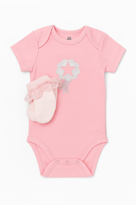 Baby Superstar 3-Pack Onesie Set – Pink & White with Socks (0–3 Months)