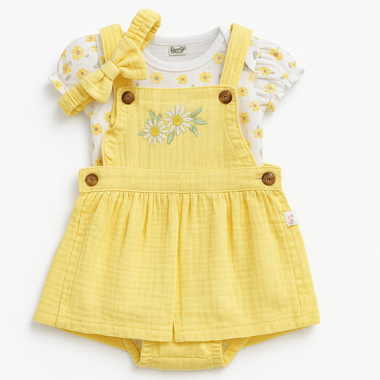 Sunshine Daisy Baby Girl Romper Set – Yellow Overall Dress with Floral Onesie & Bow (0-12 Months)