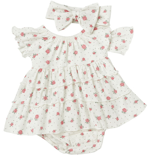 Rose Garden Ruffle Baby Girl Onesie Dress with Matching Headband (24 Months)