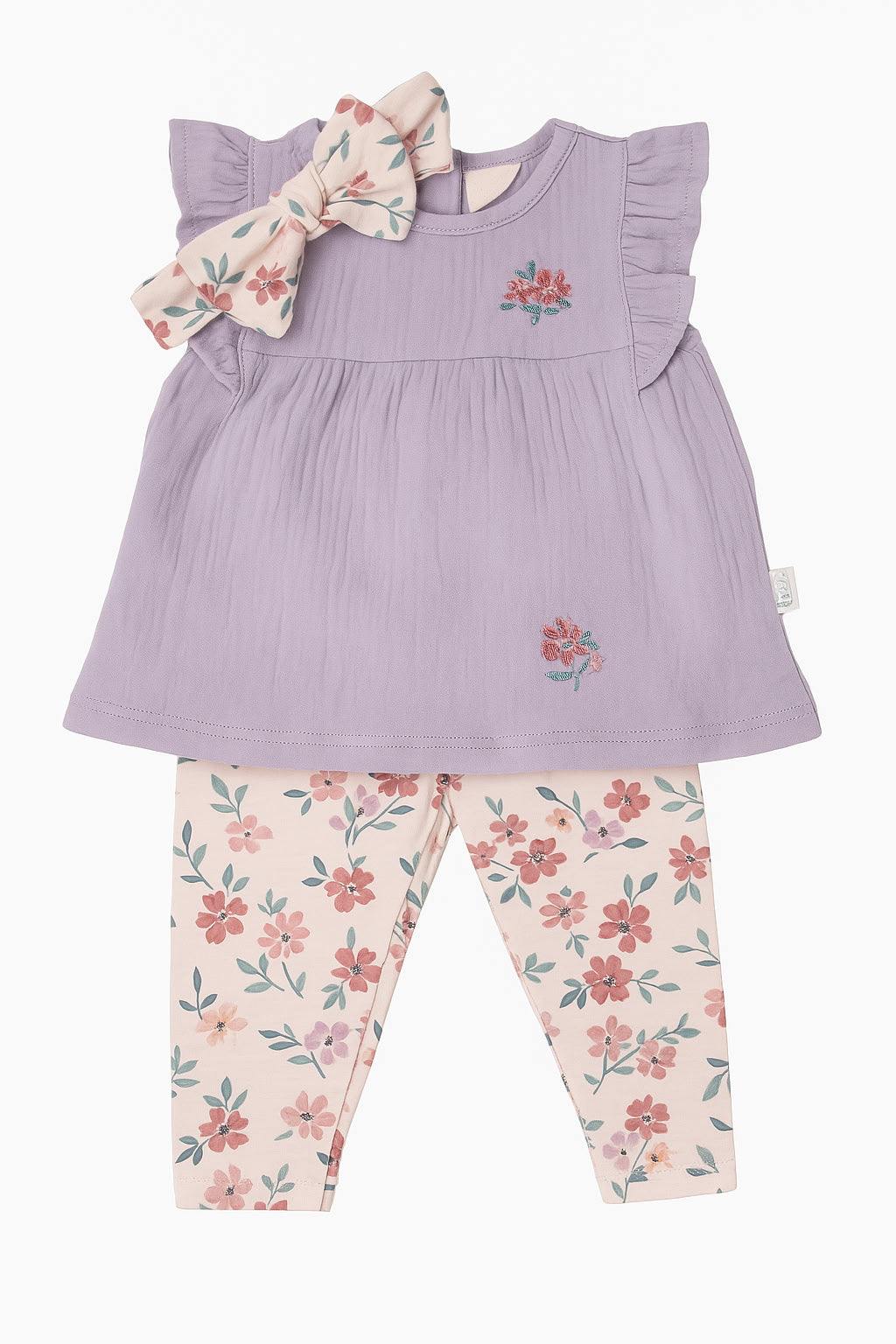 Lavender Bloom Baby Girl Outfit Set – Dress, Floral Leggings & Headband (0–9 Months)