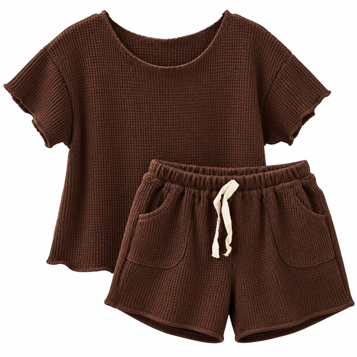 Girls' chocolate brown waffle knit two-piece outfit featuring a short-sleeve top and matching elastic-waist shorts with front pockets and light-colored drawstring.