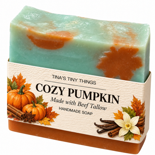 Tina's Tiny Things Cozy Pumpkin Handmade Beef Tallow Soap Bar featuring a mint-green and orange artisan soap with autumn leaf designs and decorative packaging featuring pumpkins, cinnamon sticks, and fall foliage.