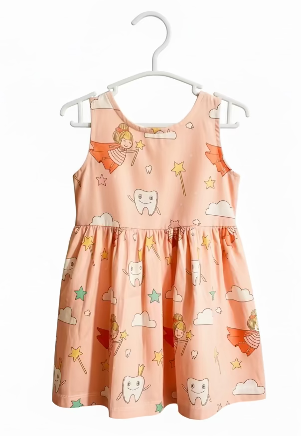 🦷✨ "Tooth Fairy Magic" Baby & Toddler Girl Dress – Peach Pink Fairy Print 🌟