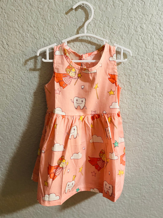 🦷✨ "Tooth Fairy Magic" Baby & Toddler Girl Dress – Peach Pink Fairy Print 🌟