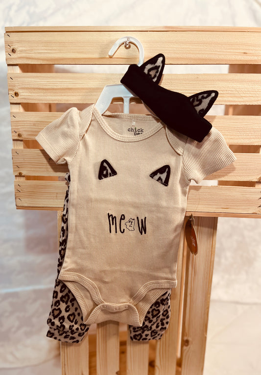 Purrfectly Cute 3-Piece Baby Girl Outfit – Bodysuit, Leopard Pants & Cat Ear Headband