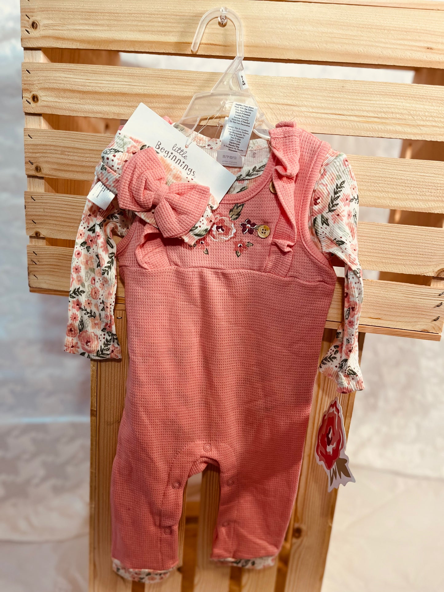Rosy Bloom 3-Piece Baby Girl Outfit – Romper, Floral Top & Headband Set