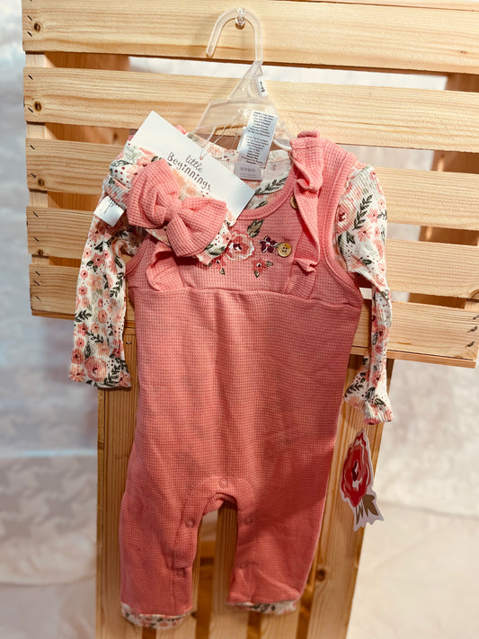 Rosy Bloom 3-Piece Baby Girl Outfit – Romper, Floral Top & Headband Set