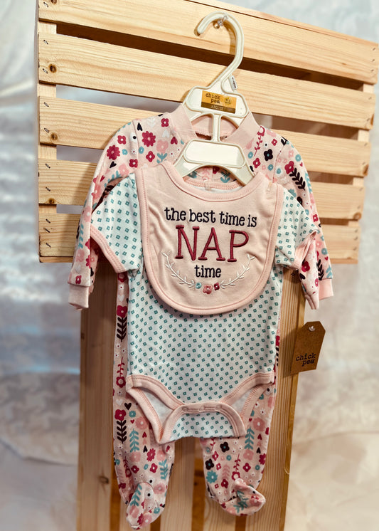 "Nap Time Bliss" Baby Girl 3-Piece Footed Set with Bib
