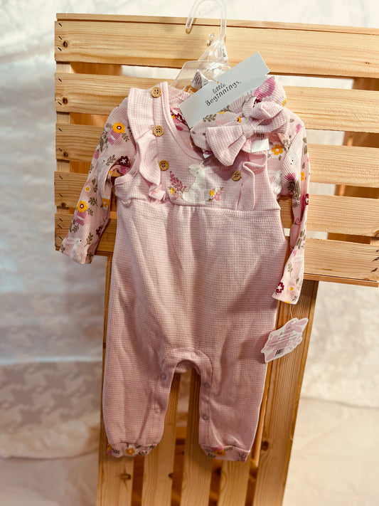 Blush Bunny 3-Piece Baby Girl Outfit – Romper, Floral Top & Headband Set