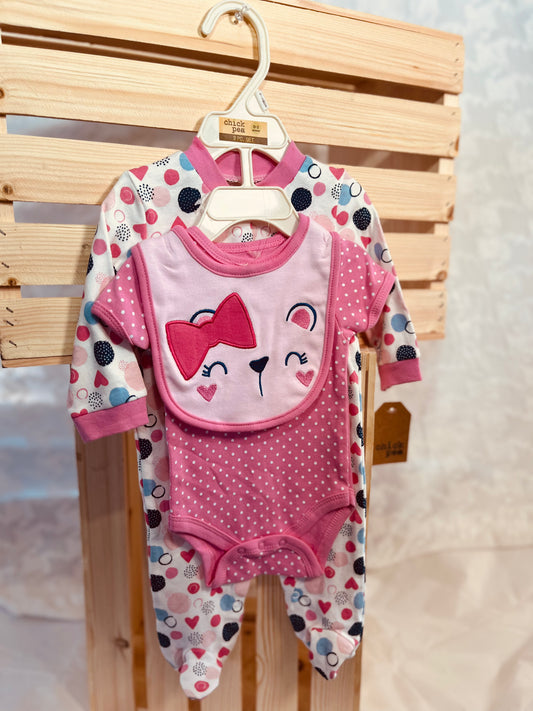 "Berry Sweet Dreams" Baby Girl 3-Piece Footed Set with Bib