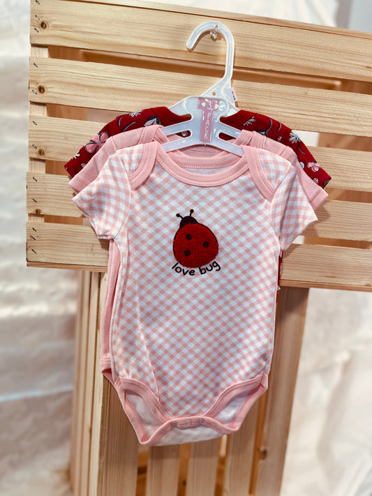 "Love Bug" Baby Girl 3-Pack Bodysuits – Pink Gingham & Floral