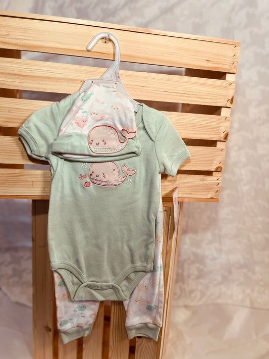 Whale of a Time 3-Piece Baby Outfit – Bodysuit, Pants & Bib Set