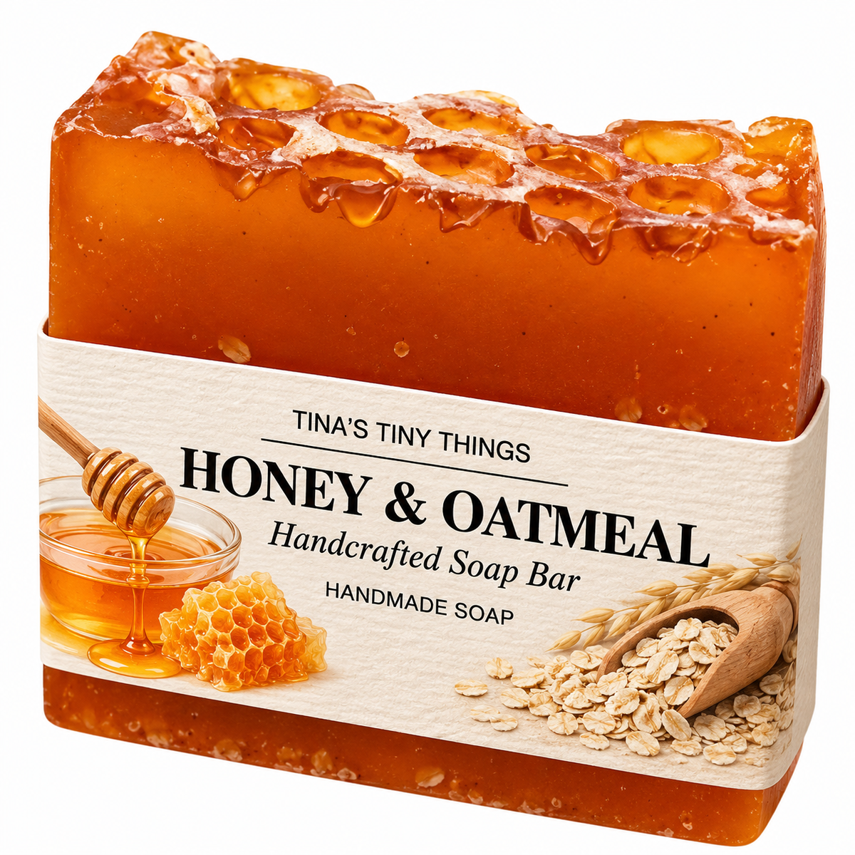 Tina's Tiny Things Honey & Oatmeal Handmade Soap Bar featuring golden amber-colored artisan soap with a honeycomb-textured top and decorative packaging illustrated with honey, honeycomb, and rolled oats.