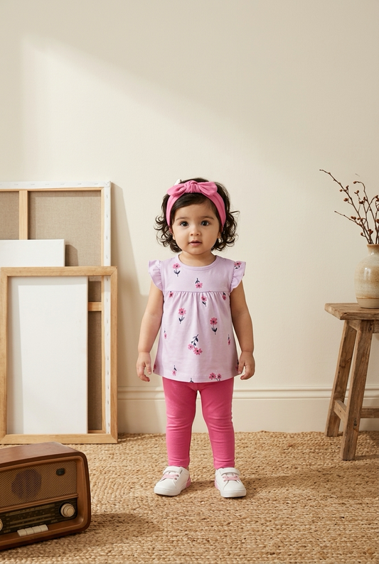 Pink Blossom 3-Piece Baby Girl Outfit Set | Floral Dress, Leggings & Headband (3–24 Months)