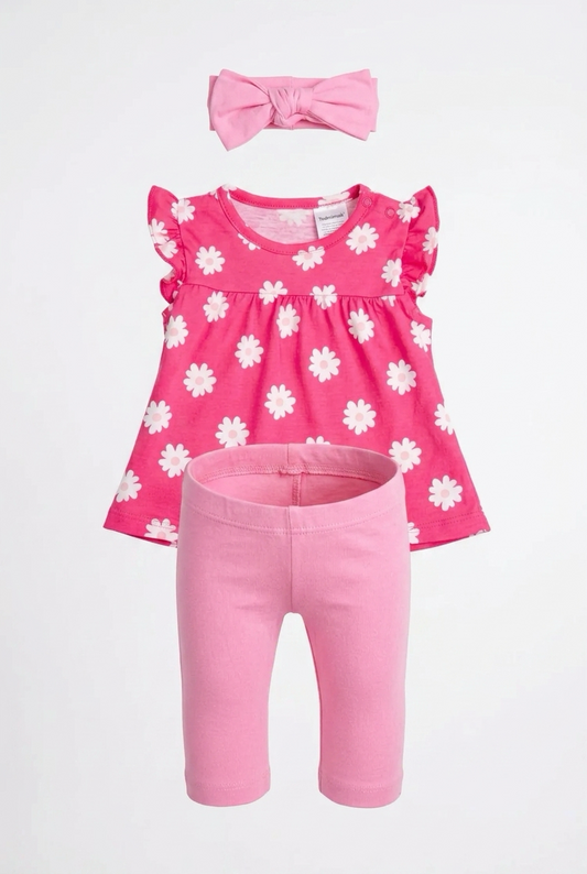 Pink Daisy Bow 3-Piece Baby Girl Outfit Set