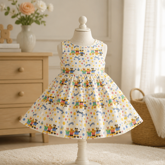 “Little Friends” Polka Dot Bunny Baby Girl Dress – Sleeveless Play Dress